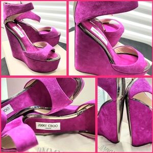 Jimmy CHOO Preloved Fushia Suede Metallic Leather 5" TOPAZ Women’s Wedge, 9(39½)